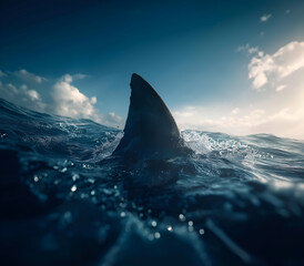 Fototapeta premium A majestic shark fin emerging from deep blue waters, symbolizing the essence of marine life and the mysteries of the ocean.