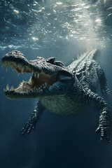 Obraz premium A powerful crocodile swims gracefully underwater, showcasing its fierce jaws and textured skin in a captivating aquatic moment.