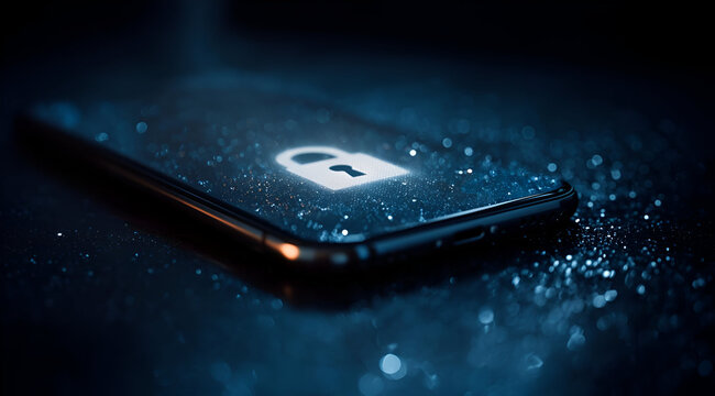 A modern smartphone displaying a glowing lock symbol, representing digital security and privacy in a dark environment.