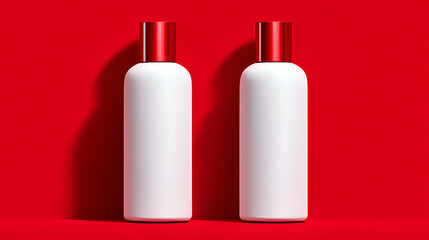 Two white cylindrical bottles with metallic red caps, perfectly aligned against a vibrant red background. Conveys energy, confidence, intensity, and power. Ideal for masculine or bold cosmetic lines.