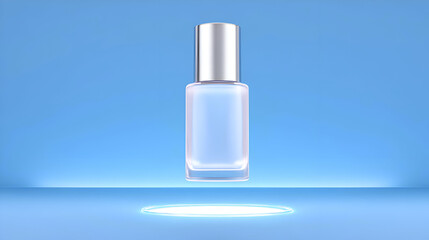 Clear glass cosmetic bottle with a silver cap, levitating above a faint glowing blue circular platform. Conveys clean, futuristic elegance, high-tech science, and cool hydration. Excellent for toners.