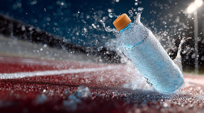 A dynamic image of a water bottle splashing on a running track, emphasizing hydration in athletic performance.