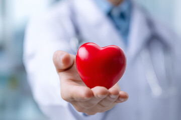 A healthcare professional extends a red heart symbolizing care and compassion, emphasizing the importance of health and well-being.