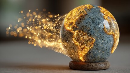 Glowing earth globe with light trails on a wooden surface.