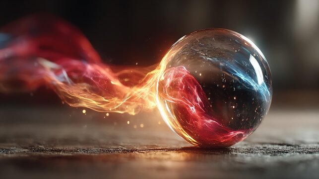 Glass sphere with red and blue energy trails on a textured surface. - Powered by Adobe