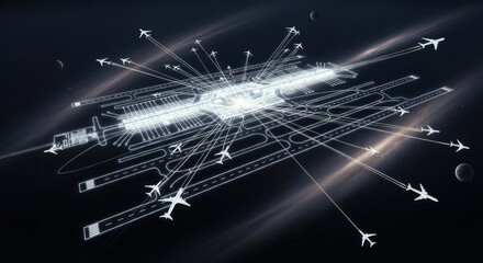 Futuristic airport concept with airplane routes in space for travel design