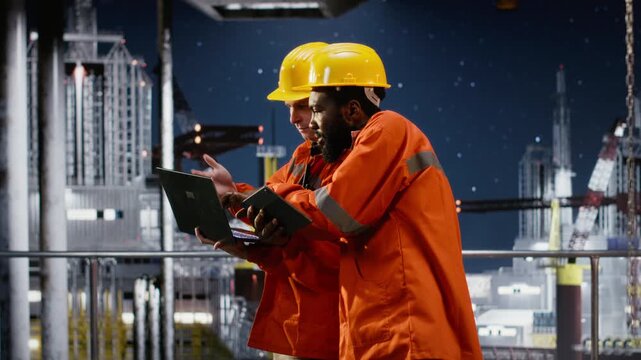 Engineers assess natural gas extraction data on oil drilling platform, ensuring efficient petroleum extraction within the oil and gas industry. Environmental officer at the refinery. Camera B.