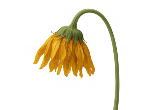 Wilted sunflower drooping down, symbolizing sadness, loss, failure, decay, and ending, on transparent background