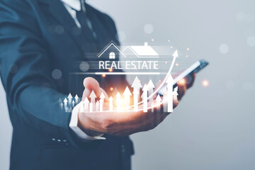 Home insurance and real estate protection concept with online property transactions on a virtual screen, covering interest rates, investment planning, housing market insights, and real estate manageme