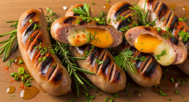 Delicious grilled sausages with melted cheese and herbs for summer barbecue party