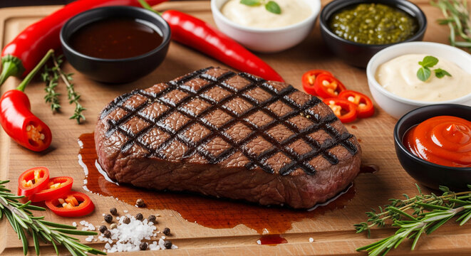 Perfectly grilled steak with vibrant peppers and flavorful sauces, ready for dinner