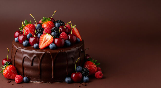 Delicious chocolate cake with fresh berries and cherries, a sweet celebration treat