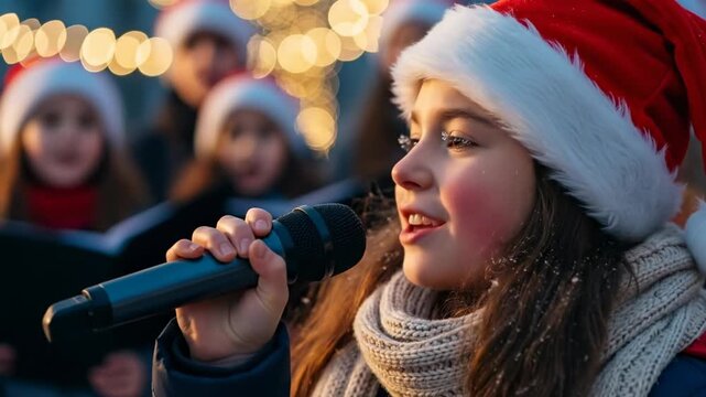 Happy young girl in Santa hat singing Christmas carols with microphone outdoors with choir blurred in background