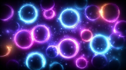 Abstract background with vibrant neon glowing circles and glittering particles create a cosmic