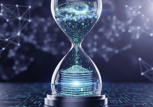 Hourglass with digital data flowing, visualizing time and technology trends