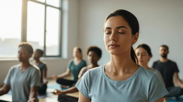  Diverse group of people meditating with eyes closed in bright yoga studio practicing mindfulness and breathing exercises.