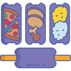 Vector Illustration Of Various Food Items Pizza Fried Chicken And Rice Served In Purple Containers With A Rolling Pin Below Isolated On Transparent Background