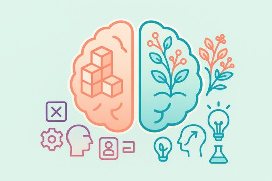 Thoughtful exploration of cognitive growth reflecting duality in mental processes with abstract representations of creativity and logic captured with clarity