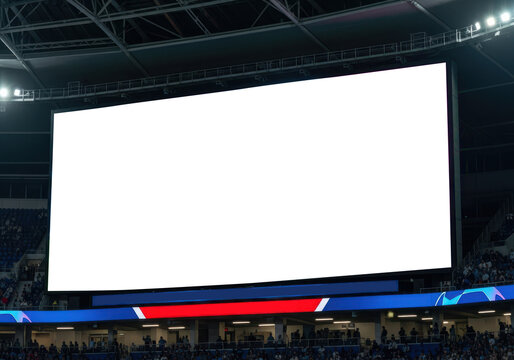 Exciting sports game analytics on stadium giant screen mock up - Powered by Adobe