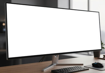 ultra wide big screen blank monitor mock up on table top