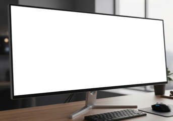 ultra wide big screen blank monitor mock up on table top