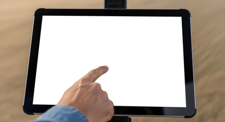 finger pointed on tablet screen mock up