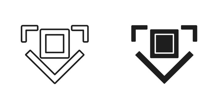 Modern download or insert icon set featuring a square and downward arrow in outline and solid styles