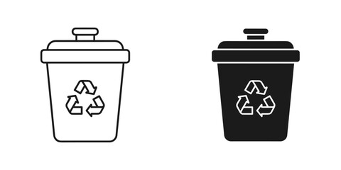 Recycle bin icon set, outline and solid versions, waste management, isolated on