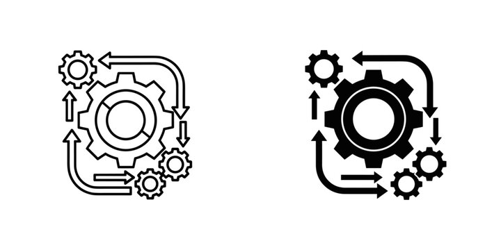 Workflow process icon with gears and arrows, illustrating system operation or development, isolated on