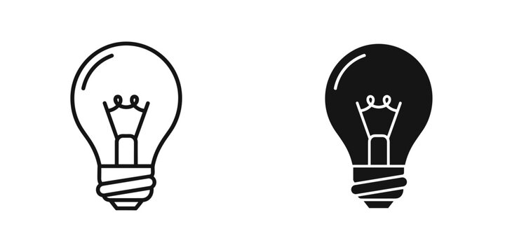 Lightbulb icon set representing ideas, innovation, and electricity, with both outline and solid versions