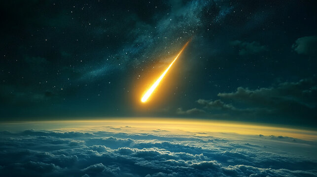 Hyperrealistic asteroid blazing through space toward Earth with a fiery trail lighting the atmosphere as a dramatic cosmic threat peaks over the blue planet.
