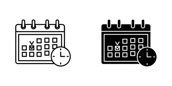 Calendar and clock icon set for scheduling, appointments, and time management in outline and glyph styles - Powered by Adobe