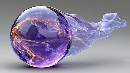 A glowing orb with purple and orange energy trails off to the side.