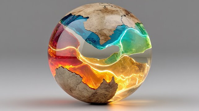 Globe with continents and colorful glowing layers representing earth's interior structure.