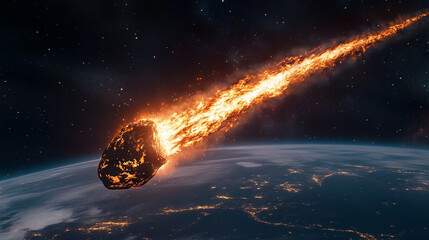 Hyperrealistic asteroid blazing through space toward Earth with a fiery trail lighting the atmosphere as a dramatic cosmic threat peaks over the blue planet.
