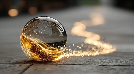 Glass sphere with golden light trail on concrete surface bokeh background.
