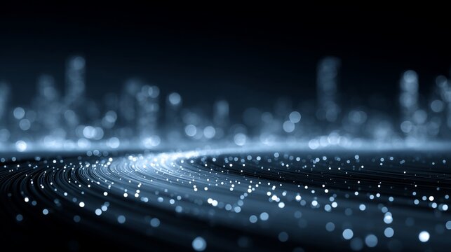 Abstract digital city with glowing lines simulating data flow and connection