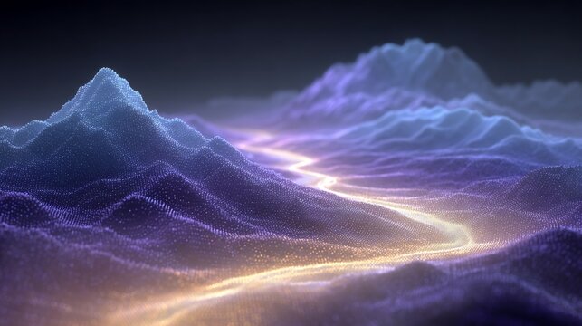 Abstract digital landscape with flowing light, showcasing mountains and valley, a captivating - Powered by Adobe