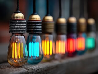 Colorful Vintage Light Bulbs Hanging in a Row with Warm Glow
