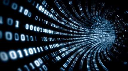 Abstract digital tunnel of binary code, representing data flow and connectivity