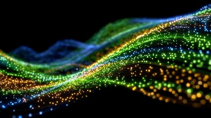 Abstract dynamic wave of colorful glowing particles on a dark background