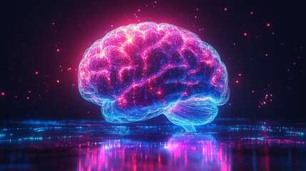 Futuristic brain glowing with pink and blue light, symbolizing innovation, artificial intelligence, and the power of the human mind for cutting-edge technology