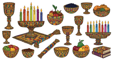 Illustration of kwanzaa celebration items including kinara, fruits, and unity cup arrangement displayed