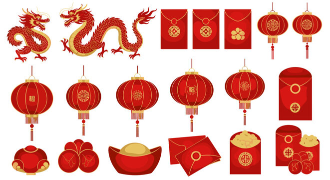 Illustration of chinese new year decorations including dragons lanterns and red envelopes isolated