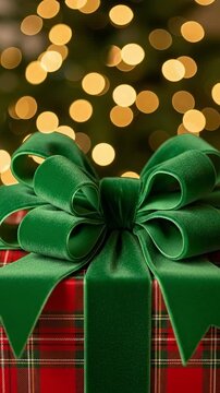 Festive Christmas Gift Wrapped in Red Plaid Paper with a Luxurious Green Velvet Bow and Sparkling Bokeh Lights