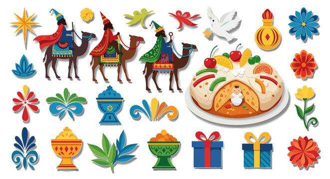 Three kings on camels with rosca de reyes cake and gifts for epiphany day celebration scene
