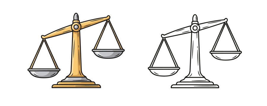 Cute cartoon style illustration of unbalanced golden scales of justice in a yellow and gray color and a black and white outline version