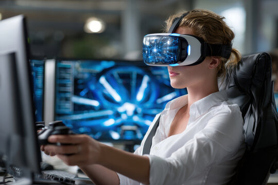 Engaging in virtual reality gaming in a modern tech office environment during daytime