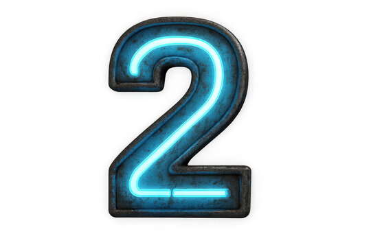 Number 2 in glowing blue neon light with old rusted metal effect, displaying retro design and futuristic typography - Powered by Adobe