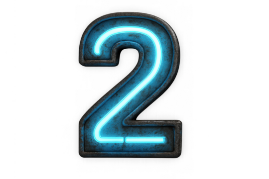 Number 2 in glowing blue neon light with old rusted metal effect, displaying retro design and futuristic typography